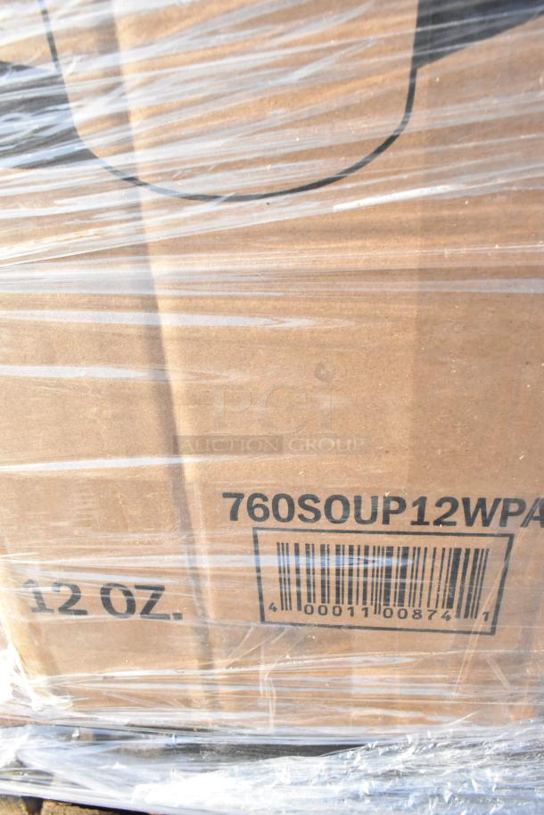 Box marked "760SOUP12WPA" and "12 OZ." wrapped in plastic, indicating new inventory. Contains containers, lids, slide bar.