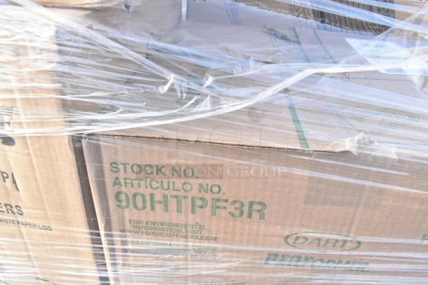 Pallet of 12 brand new scratch and dent items, including containers and lids, wrapped in plastic. Stock No. 90HTPF3R visible.
