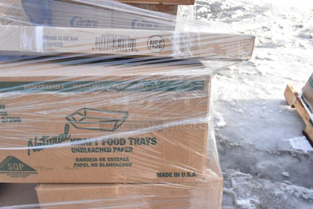 Packaged boxes containing biodegradable, unbleached paper food trays, NSF marked slide bar, brand new, minor scratches.