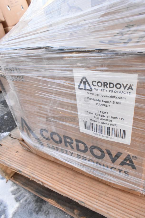 Box of Cordova Safety Products wrapped in plastic, labeled "Barricade Tape, 1.5-Mil DANGER," 12 rolls of 1000 FT each.