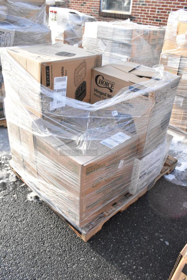 12 brand new scratch and dent items, including Choice containers and lids, on pallets, wrapped in plastic for auction.