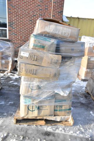 Pallet of 22 brand new scratch and dent items, including takeout boxes and salad bowls, wrapped in plastic.