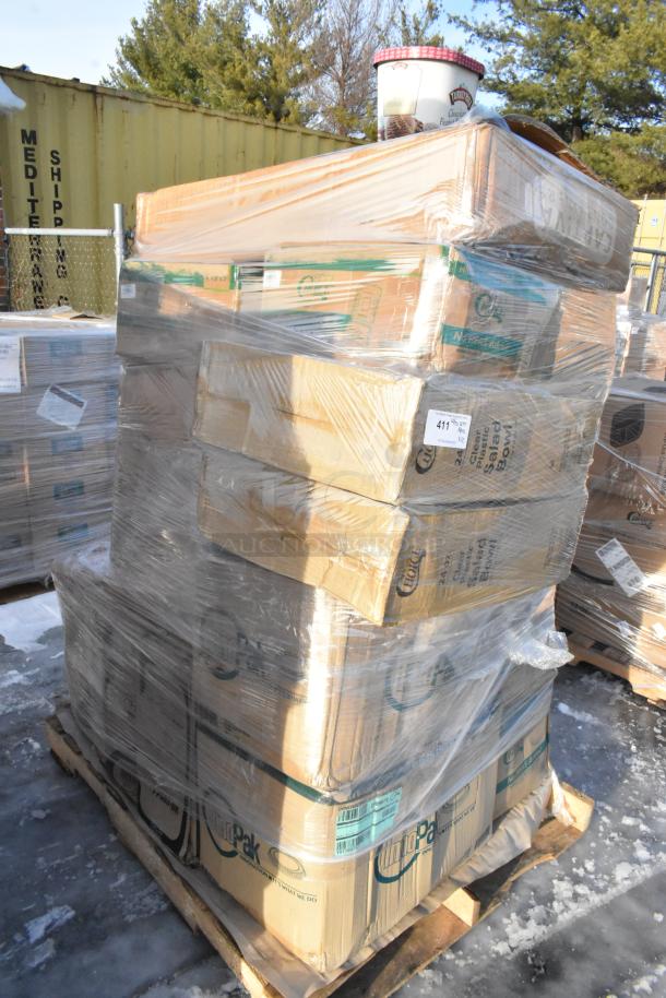 Pallet with 22 brand new scratch and dent items, including takeout boxes and salad bowls, wrapped in plastic.