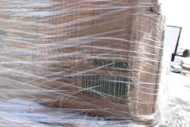 Wrapped pallet of 22 brand new scratch and dent items, including takeout boxes and salad bowls. Barcode number visible.