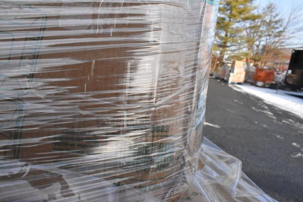 Pallet wrapped in plastic containing 22 brand new scratch and dent items like takeout boxes and salad bowls.