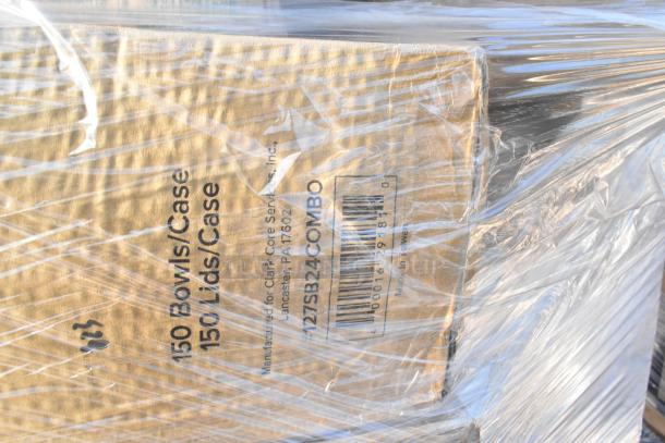 Box of 150 bowls and lids, brand new, wrapped in plastic. Markings: Model #127SB24COMBO, Clark Core Services.