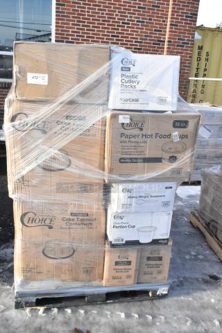 Shrink-wrapped pallet of 24 mixed food service items, including Choice brand cutlery packs, hot food cups, and trays.
