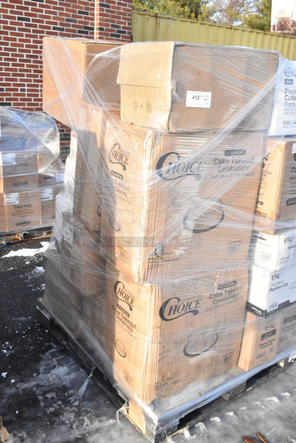 Palette of boxed "Choice" food containers, cups, cutlery packs wrapped in plastic on a pallet. Scratch and dent condition.