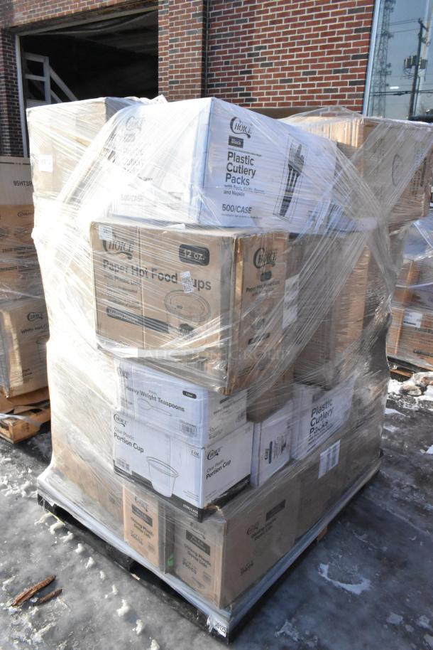 Pallet of new scratch and dent Choice brand items: food cups, trays, lids, cutlery packs. Boxes labeled, wrapped in plastic.