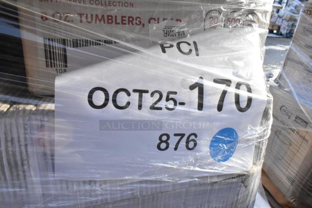 Wrapped pallet containing new scratch and dent items such as food cups, trays, lids, cutlery packs, labeled OCT25-170.
