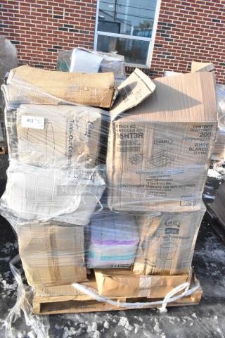 Pallet with 16 brand new scratch and dent items, includes Dart food buckets and take-out containers in boxes.