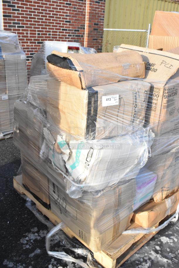Pallet with 16 new scratch and dent items, including food buckets and take-out containers, wrapped in plastic.