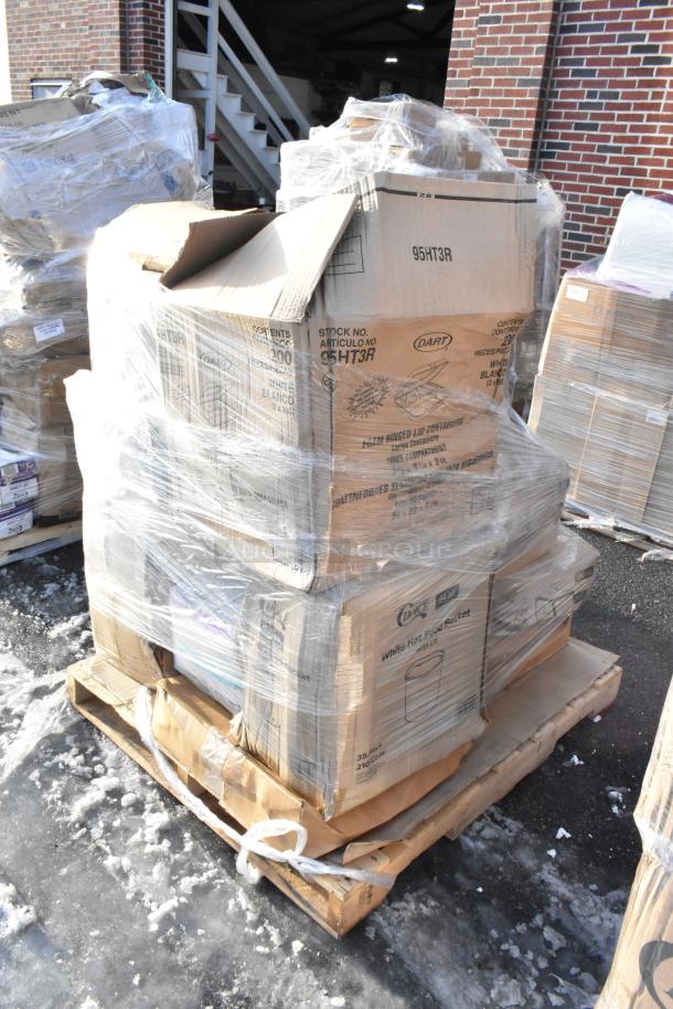 Pallet with 16 new scratch and dent items, including food buckets and take-out containers. Boxes wrapped in plastic.