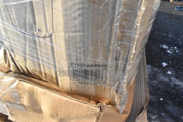 Cardboard boxes wrapped in plastic, labeled with barcode #760CB64WH, marked "Made in China," for auction. Scratch and dent condition.