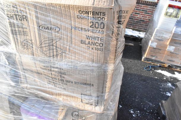 Plastic-wrapped pallet with Dart White Take Out Containers, 200 pieces per box. Some boxes labeled "Food Pans." New scratch and dent items.