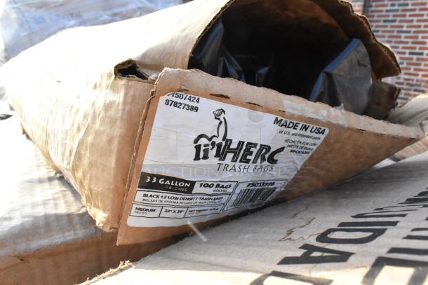 Box of HERC trash bags, 33-gallon, 100 bags, with visible barcode and branding, shows some box damage.