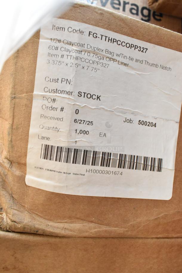 Box labeled FG-TTHPCCOPP327, containing 16 new scratch and dent claycoat duplex bags, size 3.375"x2.5"x7.75". Quantity: 1,000.