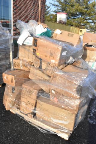 Pallet with 24 new scratch and dent items, including containers and gloves. Wrapped in plastic, visible labels detail item types.