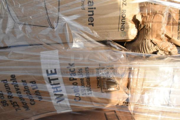 Stack of packed boxes labeled "Combo Pack" containing 150 microwavable round containers with 150 dome lids, wrapped in plastic.