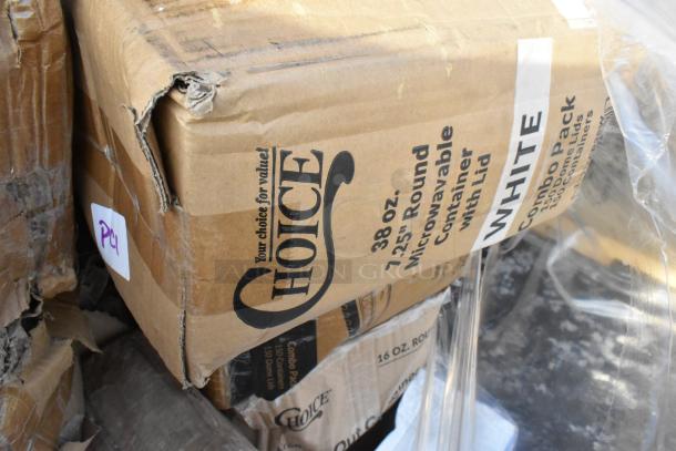 Damaged box labeled "Choice 38 oz. 7.25” Round Microwavable Container with Lid, White." Includes 24 new scratch and dent items.