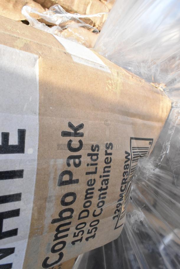 Cardboard box labeled “Combo Pack” with 150 dome lids and 150 containers, wrapped in plastic, showing minor damage.