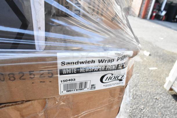 Plastic-wrapped box labeled "Sandwich Wrap Paper, White Newspaper Print 12” x 12”," with barcode and product details.