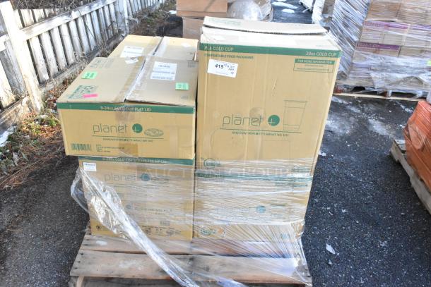 Boxes of Planet+ cold cups and lids on pallet, wrapped in plastic. Markings show compostable food packaging, 8 items, new condition.