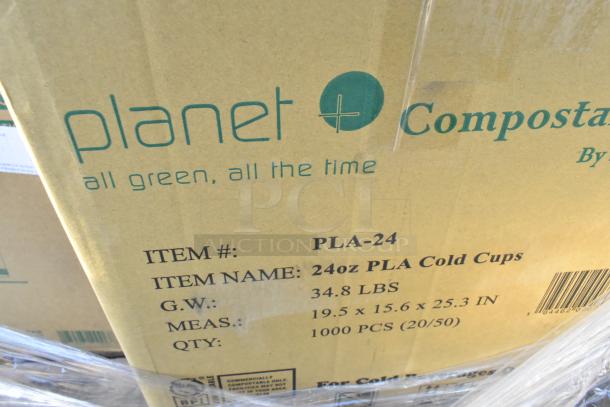 Cardboard box labeled "Planet+" containing 24oz PLA cold cups, 1000 pieces, 34.8 lbs, dimensions 19.5 x 15.6 x 25.3 inches.