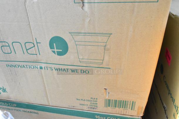 Cardboard box of 9oz PLA cold cups with minor dents. Box labeled "1000 CT, COMPOSTABLE" and features Planet+ branding.