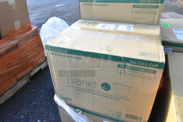 Cardboard box labeled "Planet+" by InnoPak, containing 9 oz cold cups. Box is damaged, highlighting eco-friendly compostable packaging.