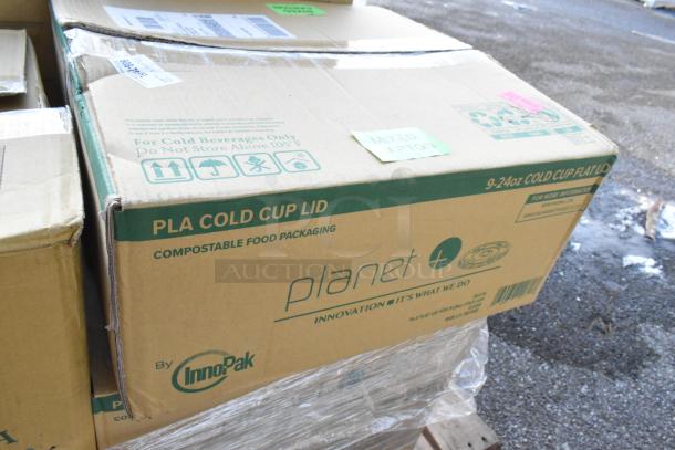 Cardboard box labeled "PLA Cold Cup Lid," marked "Planet+" by InnoPak. Condition: Scratch and Dent.