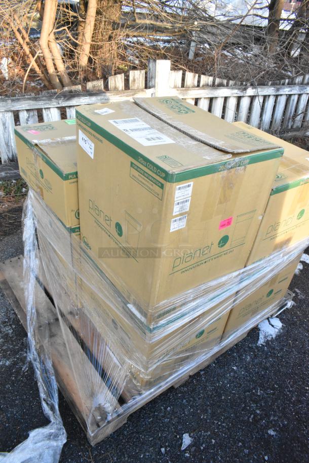 Boxes of new "Planet" cold cups and lids, labeled "200x Cold Cup," on a pallet with shrink wrap.