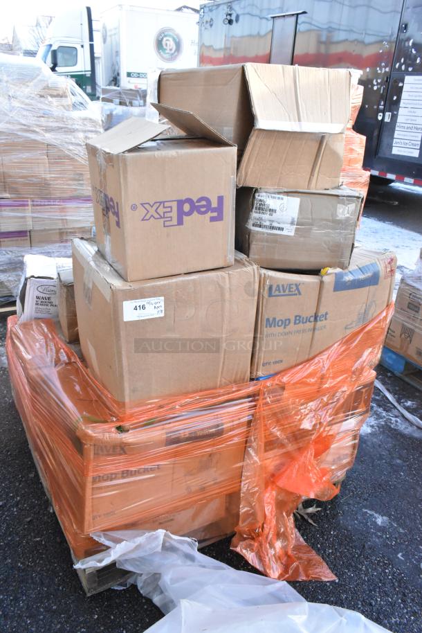 Pallet with boxes labeled "FedEx" and "Lavex," wrapped in orange plastic. Contains scratch and dent items like plates and caddies.