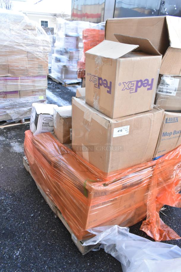 Pallet with sealed boxes labeled FedEx, containing 18 new scratch and dent items like plates, trash can, and condiment caddy.