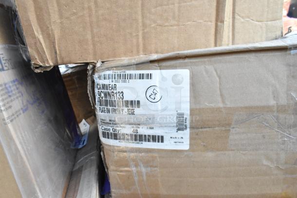Cardboard box with CAMWEAR 9CWNR133 label, indicating 48 beige 9" plates, scratch and dent condition, case quantity 48.