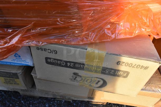 Pallet with multiple boxes labeled "6/Case, Full 2.5 mil x 24 Gauge, Made in Philippines," wrapped in orange plastic.