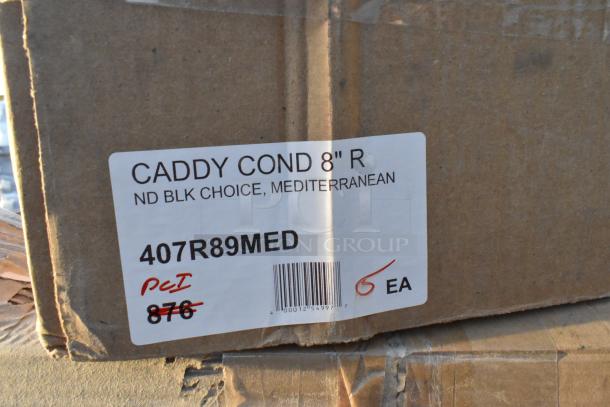 Cardboard box with label reading "Caddy Cond 8" R, ND BLK Choice, Mediterranean, 407R89MED, 6 EA, PCI."