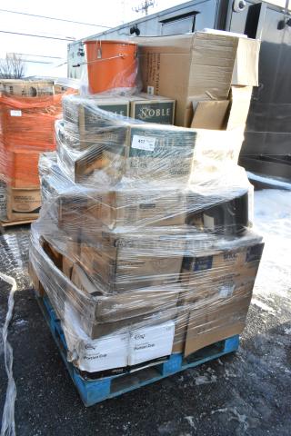 Pallet with assorted new scratch and dent items. Includes chicken buckets, gloves, and glasses. Wrapped in plastic. Noble and Choice brands visible.