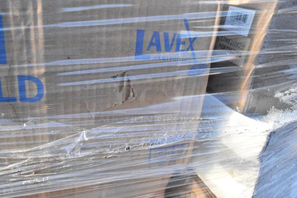 Pallet of 32 scratch and dent items includes chicken buckets, gloves, glasses. Lavex Janitorial boxes visible, wrapped in plastic.