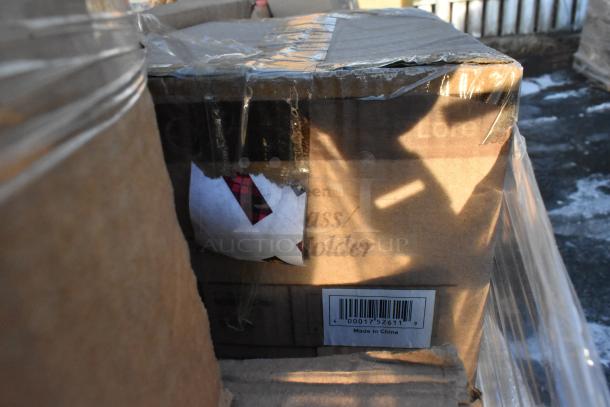 Cardboard box with item label partially visible, showing "Glass/Holder". Barcode reads "Made in China". Box has minor damage.
