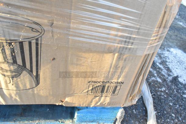 Box of brand new scratch and dent items; includes chicken buckets, gloves, glasses. Barcode: #760CB130CHKN, Made in China.