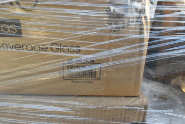 Cardboard box labeled "Beverage Glass" in shrink wrap, barcode #4555018M, "Made in China," scratch and dent condition.