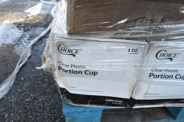 Box of Choice brand 1 oz clear plastic portion cups, 2500 per case, in shrink wrap. Part of a mixed auction lot.