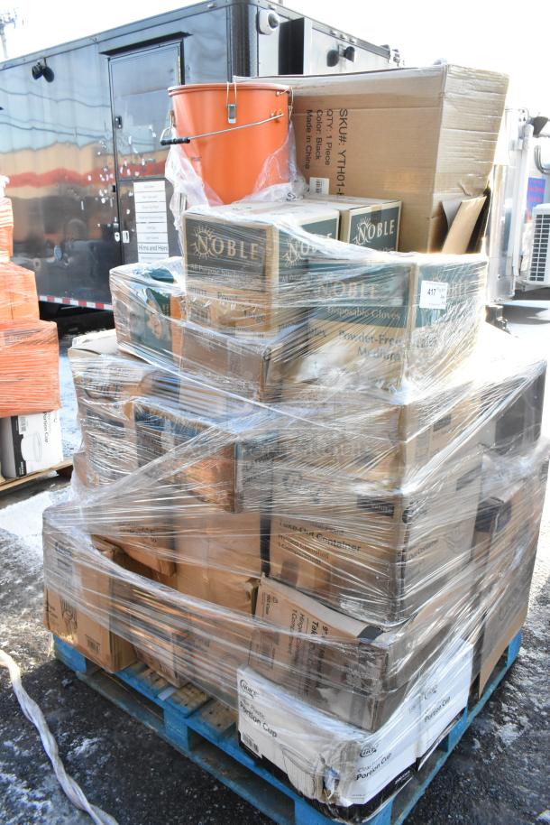 Pallet of 32 scratch and dent items, including Noble gloves and orange chicken buckets, wrapped in clear plastic.
