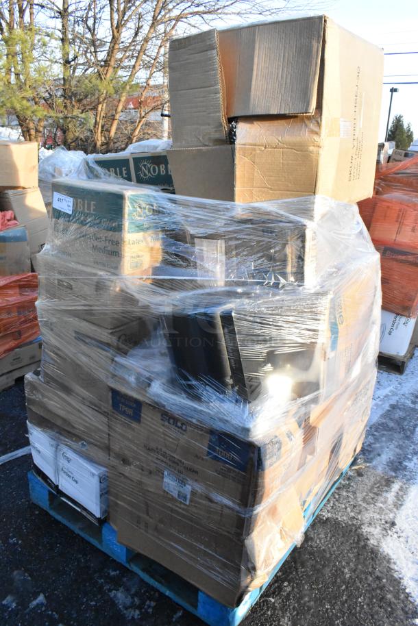 Pallet of 32 new scratch and dent items, including chicken buckets, gloves, glasses; shrink-wrapped for auction.