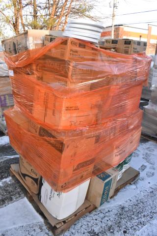 Shrink-wrapped pallet with multiple boxes labeled "Choice" containing new scratch and dent items like T-shirt bags, portion cups, cutlery packs.