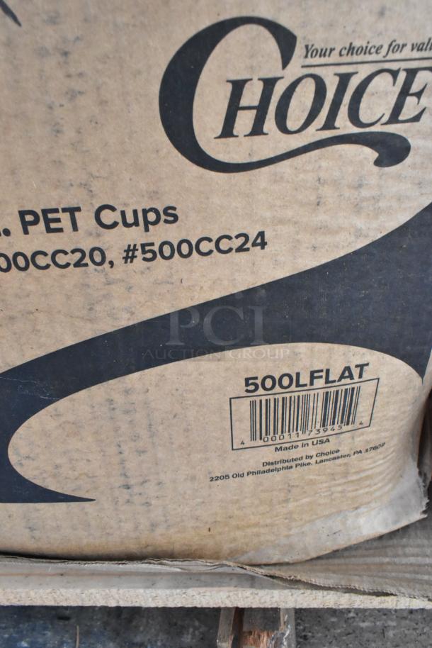 Cardboard box labeled "Choice," containing PET cups, model #500CC20 and #500CC24, distributed by Choice in the USA, showing signs of wear.