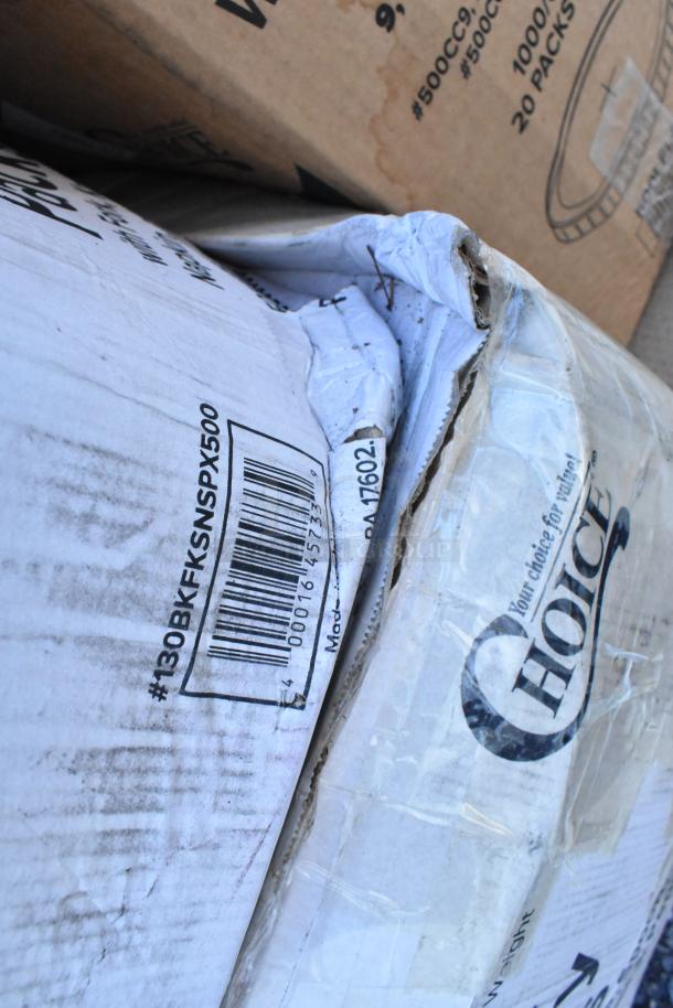 Box of scratch and dent items, including t-shirt bags and cutlery packs. Barcodes and “Choice” label visible.