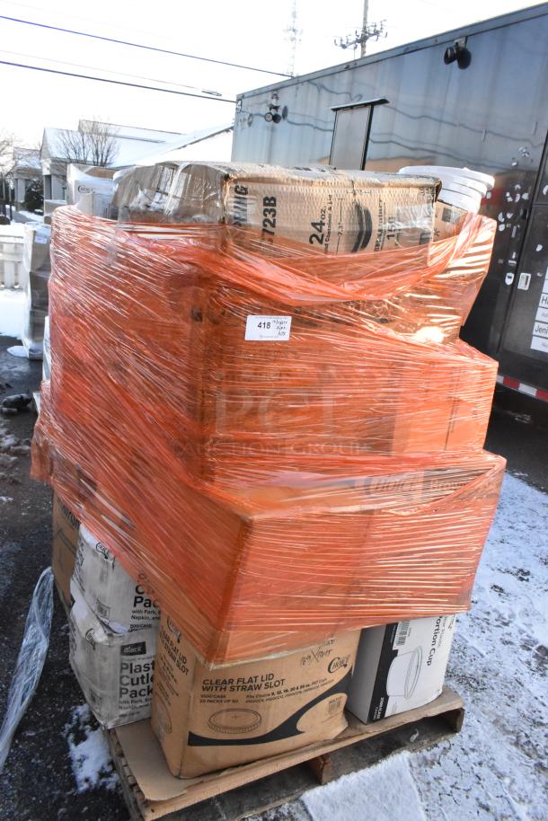 Pallet of 38 new scratch and dent items, including T-shirt bags, portion cups, cutlery packs, wrapped in orange plastic.