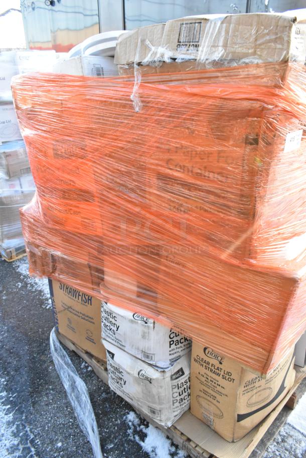 Pallet of 38 boxed items wrapped in orange plastic, including T-shirt bags, portion cups, cutlery packs; some labeled "Choice."